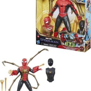 A composite image displaying both the retail box packaging and the loose product for the Hasbro Marvel Studios Spider-Man 3-in-1 Web Gear action figure.