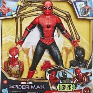Front box view of the Hasbro Marvel Studios Spider-Man 3-in-1 Web Gear action figure. The central figure is dressed in the red and black suit with gold mechanical spider legs attached to its back. Surrounding the figure inside the yellow display box are removable accessories, including an Iron Spider chest piece/head mold on the left, a Black and Gold suit chest piece/head mold on the right, and web accessories. The bottom of the box displays the Marvel Studios Spider-Man logo along with a "3-in-1" gear label.
