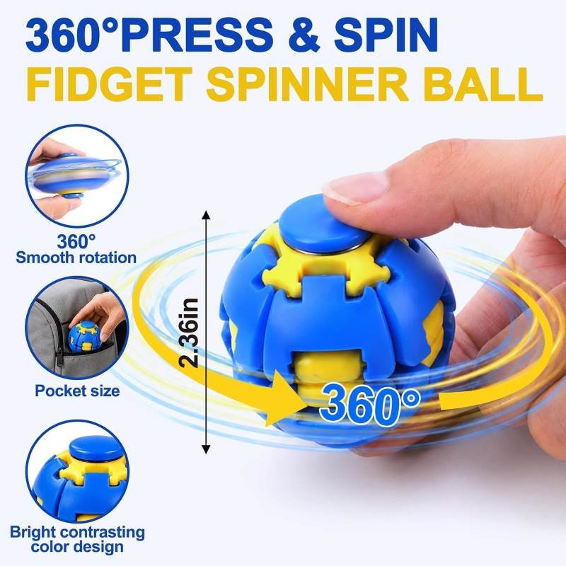 push to spin fidget toy stress relief spinner fun gadget for all ages buy online now Beiriut Lebanon An infographic titled "360° PRESS & SPIN FIDGET SPINNER BALL" displaying a blue and yellow spherical fidget toy. The central image shows a hand pressing the toy's top button, with yellow circular arrows and motion blur illustrating a 360-degree spin. A vertical measurement indicates the toy is 2.36 inches tall. The left side features three circular inset images detailing its features: a spinning toy labeled "360° Smooth rotation", a hand placing the toy into a backpack pocket labeled "Pocket size", and a close-up of the interlocking plastic labeled "Bright contrasting color design".