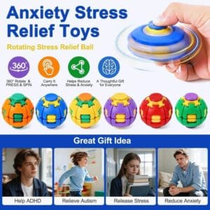 An infographic titled "Anxiety Stress Relief Toys" and "Rotating Stress Relief Ball" promoting a spherical push-button fidget toy. The top right corner shows a hand pressing the toy, which is spinning rapidly with circular motion blur. Four colorful icons detail the toy's features: "360° Rotate & PRESS & SPIN", "Carry It Anywhere", "Helps Reduce Stress & Anxiety", and "A Thoughtful Gift for Everyone". The center displays six interlocking spherical toys in various color combinations: orange/green, blue/yellow, yellow/green, purple/yellow, red/yellow, and green/purple. The bottom section, under a "Great Gift Idea" banner, features four photos illustrating target use cases: a young man labeled "Help ADHD", an active child labeled "Relieve Autism", a burdened student carrying books labeled "Release Stress", and a man sitting on a couch labeled "Reduce Anxiety".