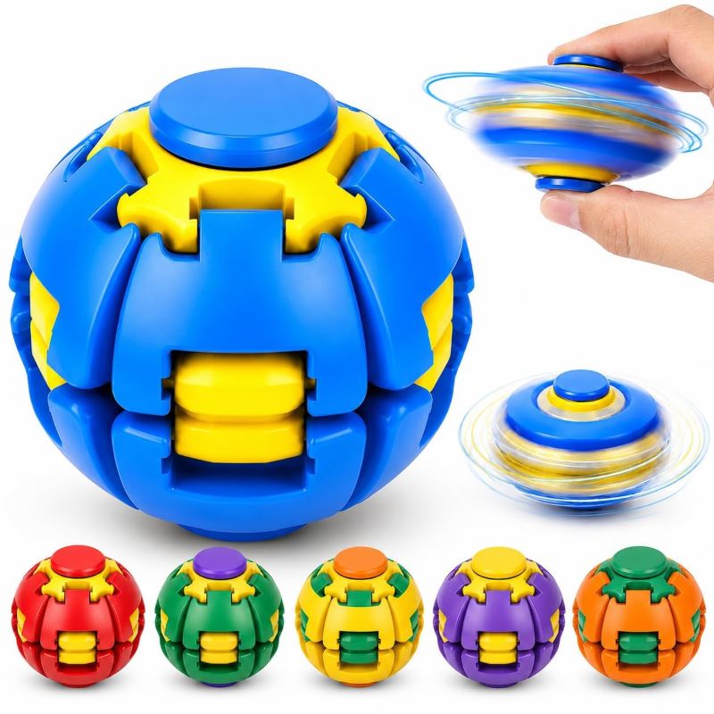push to spin fidget toy stress relief spinner fun gadget for all ages buy online now Beiriut Lebanon A large spherical fidget toy constructed from interlocking blue and yellow plastic pieces, featuring a push-button on top. The image demonstrates the toy's mechanics with graphics of a hand pressing the top button to make it spin rapidly, alongside a graphic of the toy spinning on a flat surface. A bottom row displays five additional color variations of the spherical toy: red, green, yellow, purple, and orange