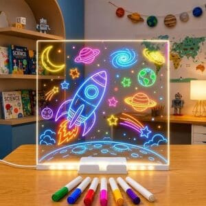 A transparent acrylic LED drawing board set into a lit white base on a wooden desk. The board glows brightly with colorful outer space doodles, including a central rocket ship, crescent moon, glowing planets, spiral galaxies, and stars. Seven colored liquid chalk markers are arranged on the table in front of the board.