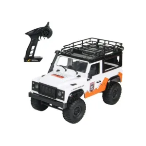 A white and orange 1/12 scale MN90 D90 Land Rover Defender style RC crawler truck featuring off-road tires, a black roof rack, and a 2.4GHz pistol-grip remote transmitter on a plain white background