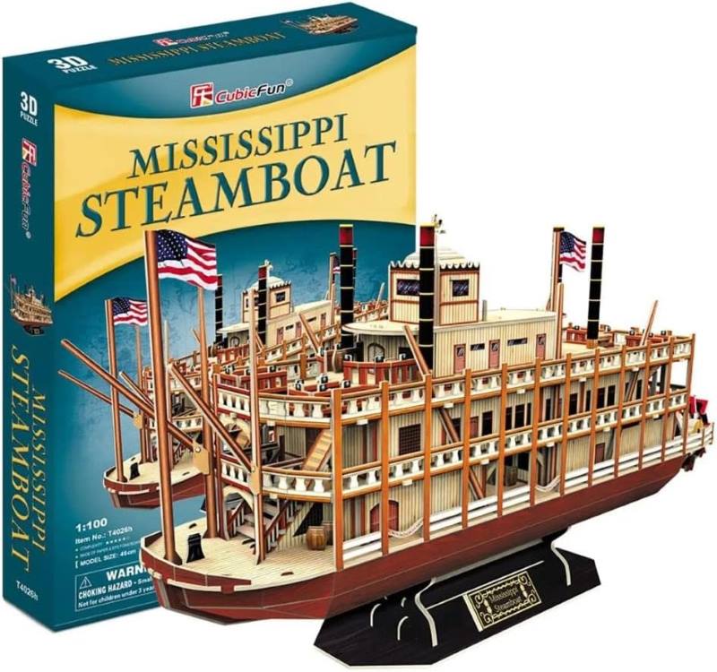 Missisippi steam boat 3d puzzle diy building fun toy buy online Beirut Lebanon CubicFun Mississippi Steamboat 3D puzzle DIY model boat displayed next to product box sold in Lebanon
