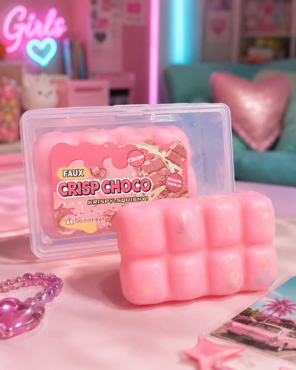 crack squishy chocolate break toy crunch sound fun buy online Beirut Lebanon Pink Crisp Choco cracking squishy bar toy displayed in front of its clear plastic storage case, sold online in Lebanon.