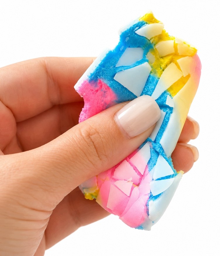 cracking squishy crisp candy crunch sound fun buy online Beirut Lebanon Hand squeezing and cracking the Crackle Fluff crispy marshmallow squishy toy, showing its crunchy broken shell and colorful interior, available in Lebanon.
