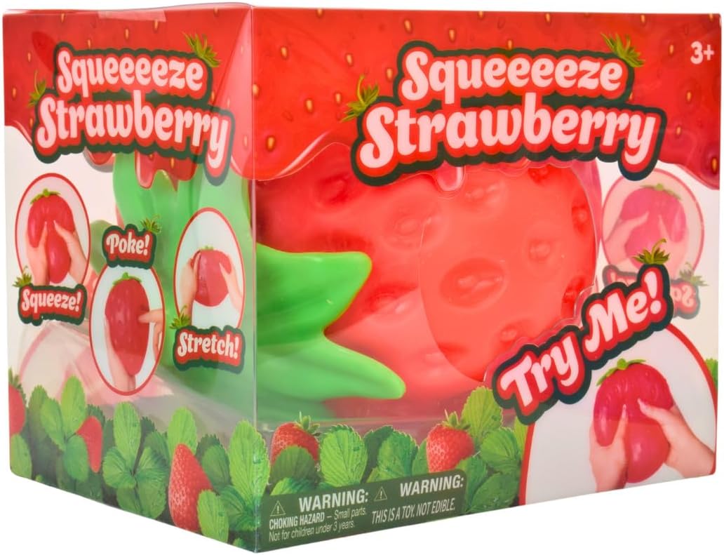 strawberry squishy fun anti stress squeeze buy online Beirut Lebanon Packaging box for the Squeeeeze Strawberry anti-stress toy featuring product illustrations and "Try Me!" label, available for online purchase in Lebanon.