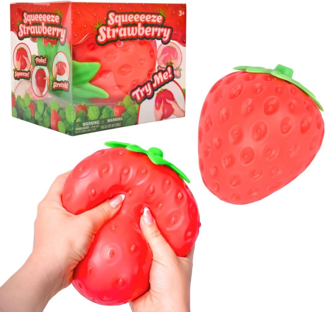 strawberry squishy fun anti stress squeeze buy online Beirut Lebanon Bright red soft strawberry squishy stress toy being squeezed by hands next to its packaging box, available for online buy in Beirut, Lebanon. Arabic: لعبة فراولة مطاطية ناعمة زاهية اللون يتم ضغطها باليدين مع علبة التغليف الخاصة بها، متوفرة للشراء أونلاين في بيروت، لبنان