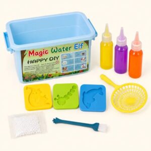 Magic Water Elf DIY toy set display showing a blue storage tub, three liquid gel bottles in yellow, purple, and orange, three plastic animal molds, a yellow strainer net, a cleaning brush, and a pack of white magic powder being sold in Lebanon